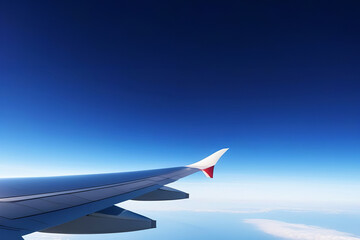 Fototapeta premium Clouds and sky as seen through window of aircraft. flying and traveling, view from airplane window on wing on sunset time. View out of window of flying plane overlooking sky. Place for text banner
