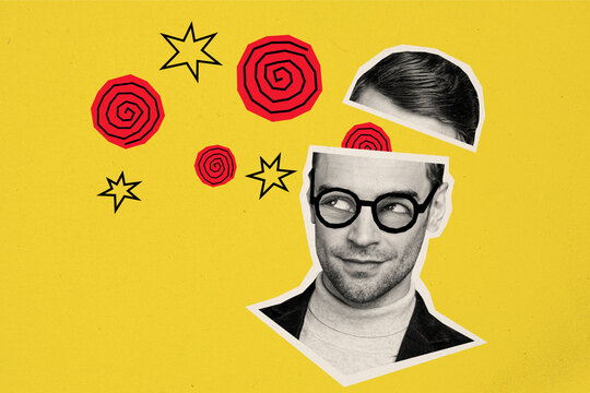 Photo collage image young smiling man caricature cut piece head big eyes glasses thinking dreamy face spiral circle yellow background