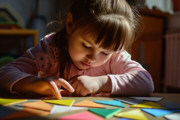 A girl with Down's syndrome lays out geometric shapes. child plays at school. rehabilitation of a disabled child - obrazy, fototapety, plakaty