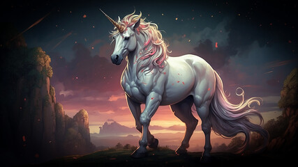 Illustration of a unicorn. The colorful design, mythical creature. Concept of fantasy and creativity. Generated Ai
