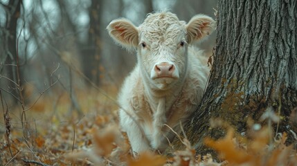  a baby cow standing next to a tree in a forest with leaves on the ground and in front of it, looking at the camera with a curious look at the camera.