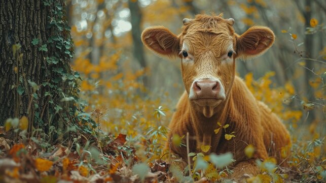  A Brown Cow Sitting In The Middle Of A Forest With Yellow Leaves On The Ground And A Tree In The Foreground With A Few Yellow Leaves On The Ground.