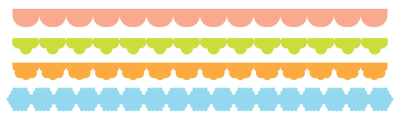 Scallop edge shapes vector set, modern brutalism forms. Retro wave swiss design elements with frill border isolated.