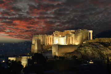 Panorama of Acropolis hill at night, Athens, Greece. Famous old Acropolis is a top landmark of...