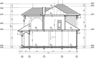 Vector sketch, illustration, design, architectural engineering drawing, section of a classic vintage Mediterranean colonial old house building