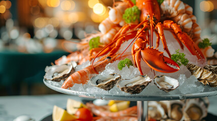 A luxurious seafood tower with lobsters oysters shrimp and crab on a bed of ice elegantly presented at a fine dining establishment.