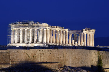 Panorama of Acropolis hill at night, Athens, Greece. Famous old Acropolis is a top landmark of...