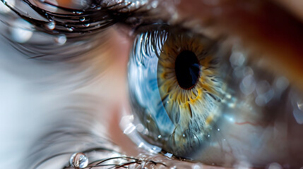 yellow and blue eye close up with drops on eyelashes, generative ai - 723263511