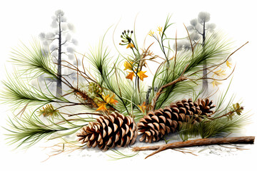 Pine Branches with Cones and Wildflowers Illustration - obrazy, fototapety, plakaty