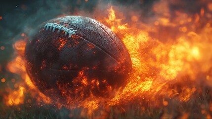 American football ball is on fire. Generative AI - obrazy, fototapety, plakaty