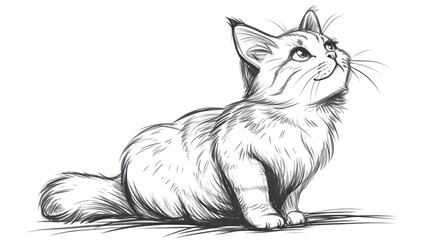  a black and white drawing of a cat sitting on the ground looking up at something in the air with its mouth open and eyes wide open, on a white background.