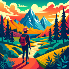 Hiking man with a backpack in the mountains. Vector illustration EPS 10