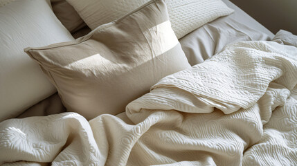 A flat lay of a luxury bedding set including sheets pillows and comforter on a plush bed.