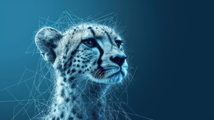  a close up of a cheetah's face on a blue background with lines in the foreground and a blurry image of the head of the cheetah cheetah. - obrazy, fototapety, plakaty