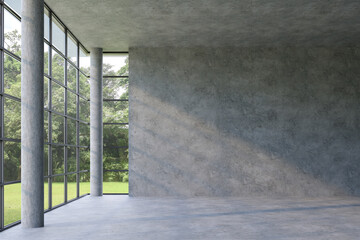 Modern Style empty concrete room with nature view 3d render,There are polished concrete floor ,wall and ceiling,There are large window look out to see the garden view,sunlight shining into the room.