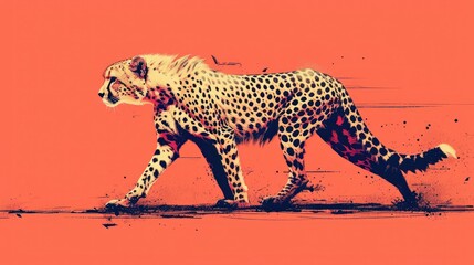  a picture of a cheetah walking on a pink and orange background with a black spot on the side of the cheetah and the cheetah.