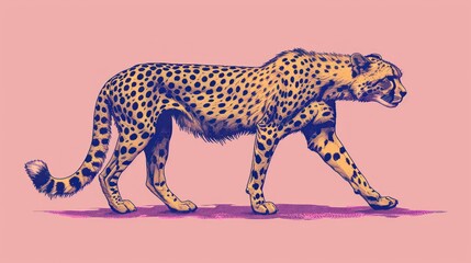  a drawing of a cheetah walking on a pink background