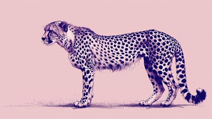 a drawing of a cheetah standing in front of a pink background with a white spot on it's face and a black spot on the front of it's tail.