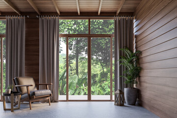Modern contemporary style wooden living room with nature 3d render, There are concrete floors, plank wall, wooden structure ceiling ,decorated with leather chair,  large window overlooking nature view