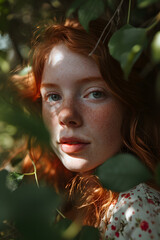 Enchanting Redhead with Freckles in Nature’s Embrace