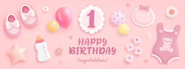 Number 1 birthday celebration greeting card or banner with realistic cartoon baby shoes and helium balloons on pink background. Happy birthday template