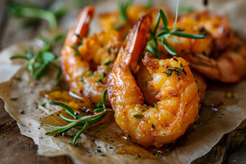 Grilled Juicy Shrimp with Rosemary and Garlic Herbs on Rustic Wooden Background