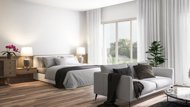 Animation of modern contemporary  style bedroom and living room with  nature view 3d render ,There are parquet floor decorate with white fabric furniture,There are large window overlooking garden view