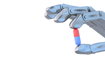 3d render of a robotic hand holding a medical capsule on isolate backdrop with space for text and images. Concept of automated medical treatment. Automated robots of future.