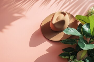Fedora hat with plant leaves on pink background. Mockup, template for design. Ecology and zero-waste, green lifestyle. Minimalistic composition, top view