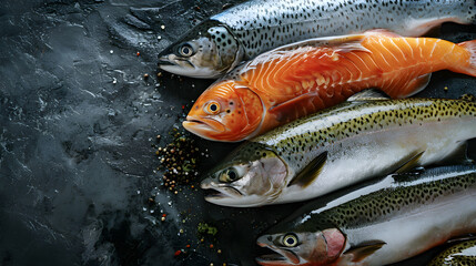 Fresh Seafood Assortment - Whole Salmon and Trout with Natural Seasonings on Textured Surface