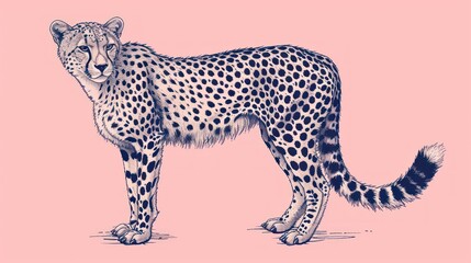  a drawing of a cheetah standing in front of a pink background and a black and white drawing of a cheetah standing in front of a pink background.