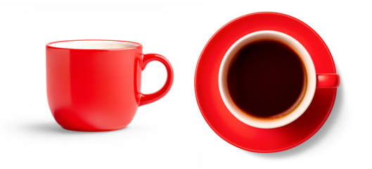 A red cup of tasty coffee isolated on white transparent background, png. top and side view