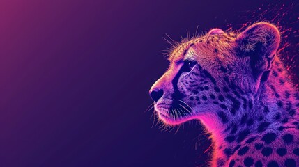  a close up of a cheetah's face on a purple and pink background with spots of light coming from the top of the cheetah cheetah's head. - obrazy, fototapety, plakaty