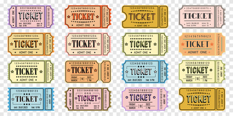 Set of vintage retro admit one tickets, vector.