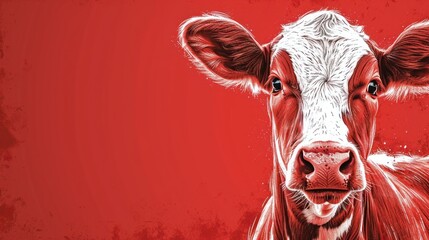  a close up of a cow's face on a red background with a white spot in the middle of the cow's ear and a black spot in the middle of the cow's eye.