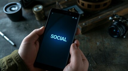 Interactive holographic  social  text icon shining with vibrant colors over mobile phone in hands