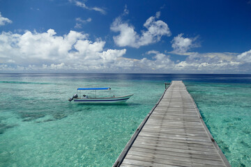 Wooden jetty stretching into clear turquoise waters at Nunukan Island, Maratua Atoll, Indonesia....