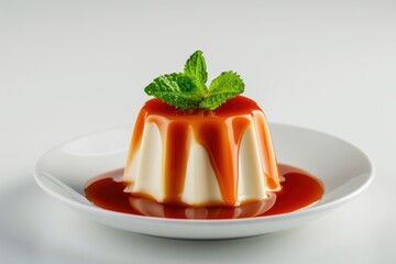Caramel custard with sauce and mint on white background