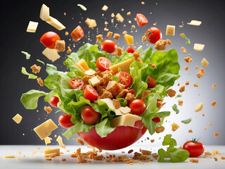 Fototapeta premium Explosion of ingredients in mid-air, flying cheese, lettuce, and tomato slices black-white background