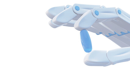 3d render of a robotic hand holding a medical capsule on isolate backdrop with space for text and images. Concept of automated medical treatment. Automated robots of future.