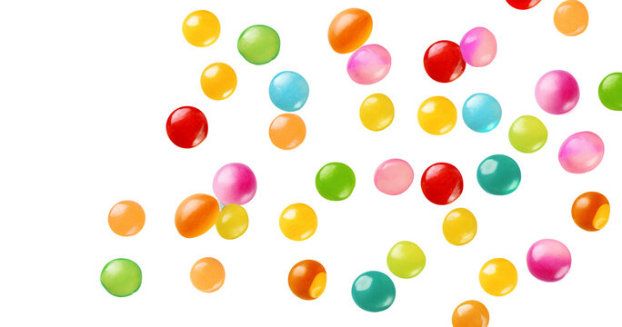 Colorful raibow candy falling isolated on a white transparent background, png. falling jellybeans	 - Powered by Adobe