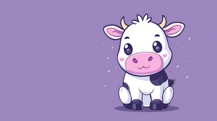  a cartoon cow with a sad look on its face, sitting on the ground and looking at the camera with a sad look on its face, with a purple background.