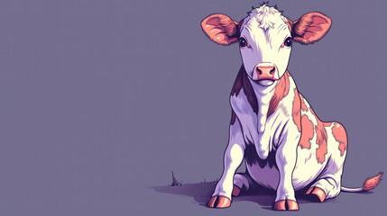  a brown and white cow sitting on top of a grass covered field next to a purple wall and a black and white dog on the other side of the picture.