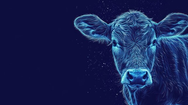  A Close Up Of A Blue Cow's Face On A Dark Blue Background With Snow Flecks On It's Ears And A Bit To The Left Side Of The Cow Is Looking At The Camera.