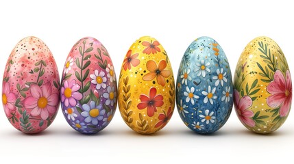 5 huevos de Pascua, decorados a mano en colores rosas, violetas, azules, blancos, amarillo verde, sobre fondo blanco, ideales como recurso gráfico, papel, carteles, sencillos, motivos florales, AI 