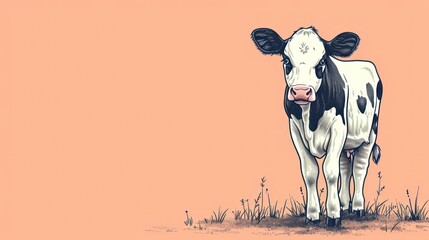  a black and white cow standing on top of a grass covered field next to a pink wall with a black and white cow in the middle of it's face.