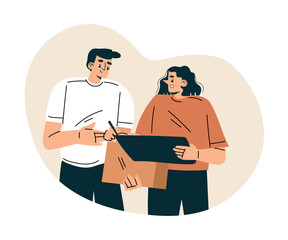 Man Delivery Courier Give Cardboard Box to Woman Customer Vector Illustration