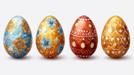 Cuatro huevos de Pascua, pintados a mano en colores rojos, dorados, azules y blancos, elegantes, sobre fondo blanco, ideales como recurso gráfico, papel, carteles, sencillos, floridos, punteados, AI