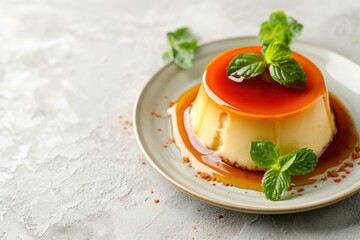 Caramel pudding with sauce on white table