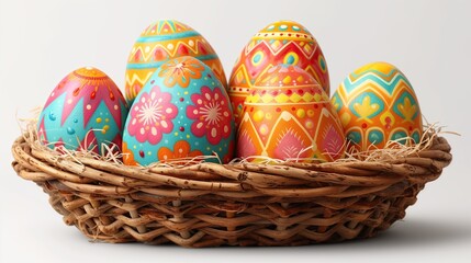 Canasta con 6 huevos de pascua pintados con colores vivos, con motivo de Pascua, decorativo, recurso gráfico, gallina, pollos, duros, variopinto, arcoíris, juego temático, AIX generativo, fondo blanco